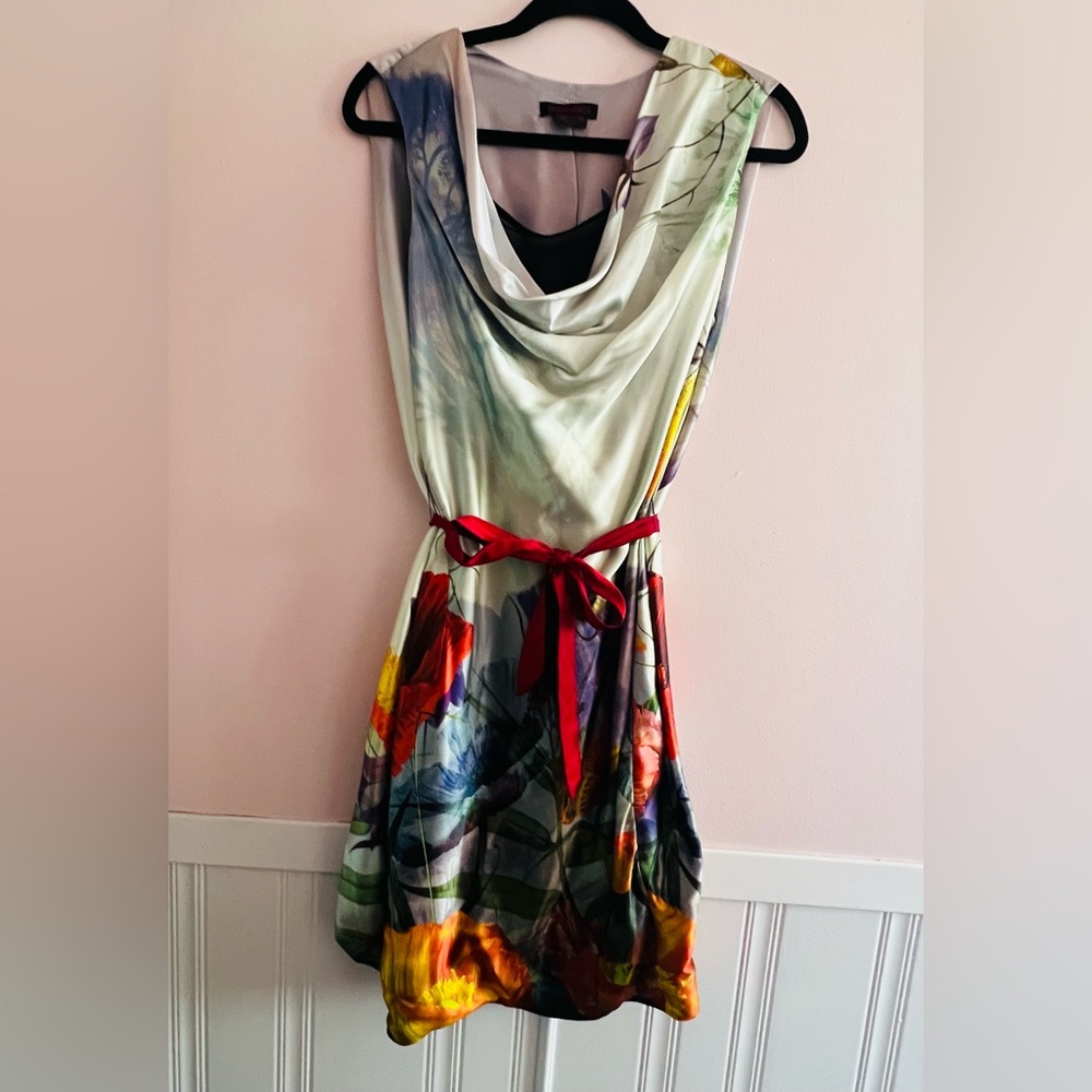 Simon Chang Multicolor Floral silk Dress with Red Belt
